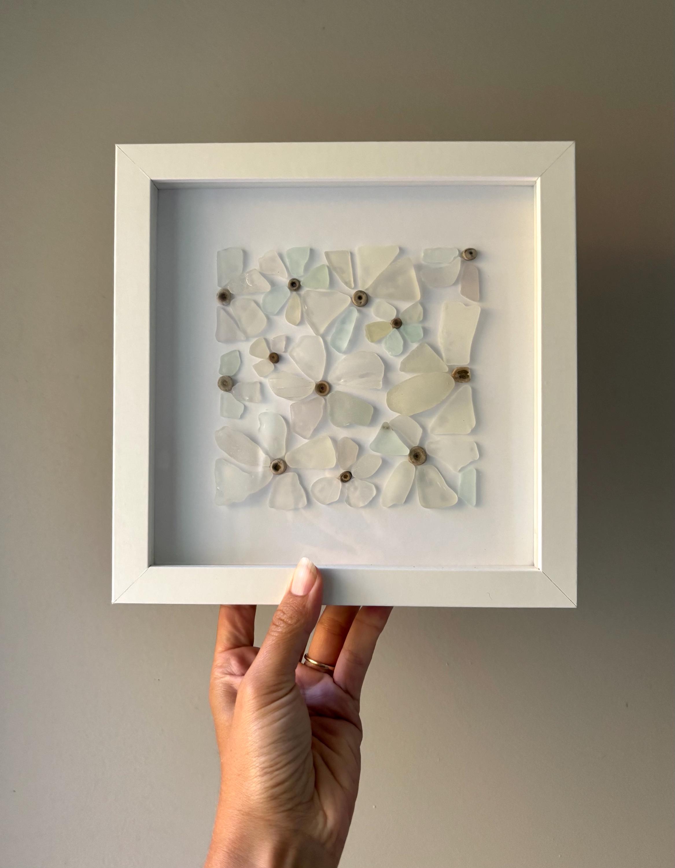 Beach Glass Flower Shadowbox | Lake Michigan Beachglass Wall Art | Beach House Decor | Black Eyed Susan Art | Beach Glass and Rock Wall Art