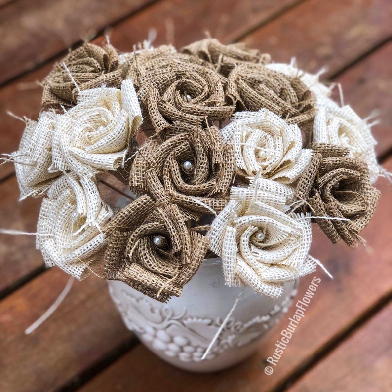 Natural & White Burlap Flowers With Stem Wedding Centerpiece Etsy