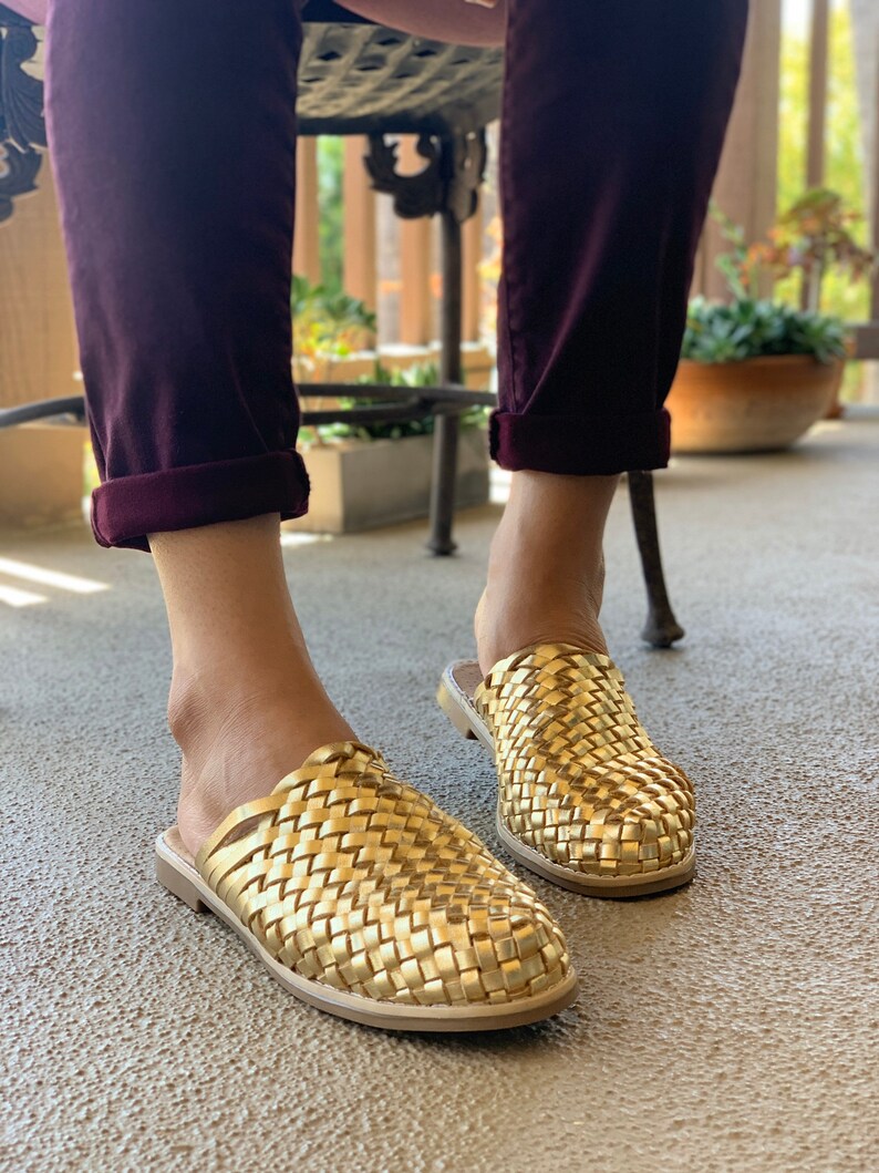 Women's Gold Huarache Mule Leather Slip On Sandals | Etsy