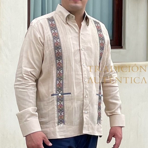 Mens Authentic Guayabera Linen Beige Long Sleeve Dress Shirt 