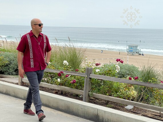 Mens Authentic Guayabera Burgundy Linen Blend Short Sleeve - Etsy
