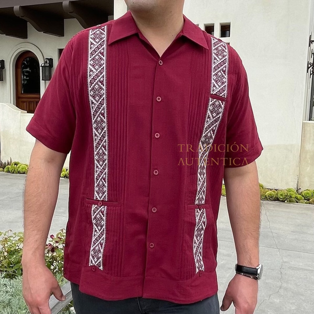 Linen Dress Authentic Blend Shirt Burgundy Guayabera Short Etsy - Sleeve Mens