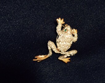 Frog Pin-Brooch with Emerald Green Eyes and Crystal Stones
