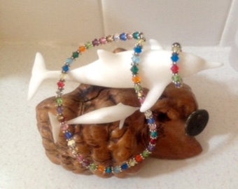 Colored Faceted Crystal Ankle Bracelet and Matching Ring and Sterling Silver Beads