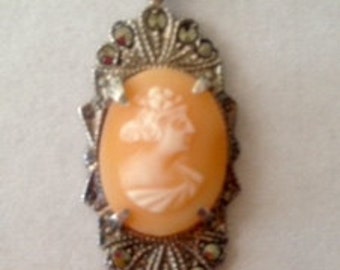 Antique Sterling Silver Marcasite and Cameo 18" Chain, Pendant and Earrings  Set of 2