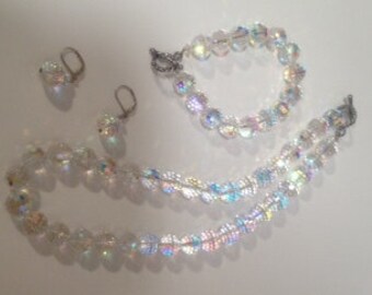 Diamond White Prism faceted Crystal Necklace,Bracelet and Earrings 3 Piece Set