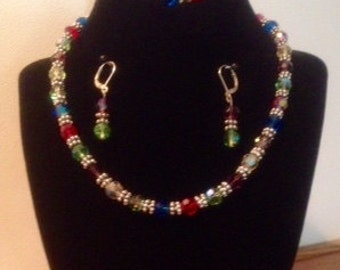 Colored Faceted Crystal Necklace, Bracelet and Earrings-3 Piece Set
