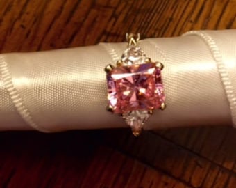 Pink Ice & Trillion Cut Cubic Zirconia Ring and Matching Pink Ice Earrings in Solid Gold