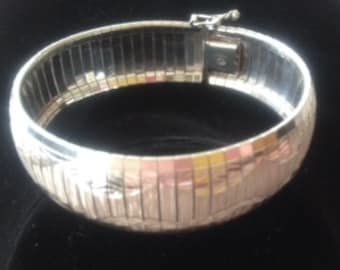 Omega Domed Sterling Silver Bracelet with Diamond Pattern Etching