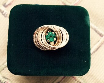 14 Kt Yellow Gold Swirl Diamond Cut Pin-Slider-Brooch with Chatham Emerald