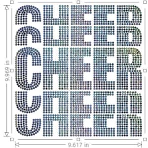 May include: A close-up of a cheer design made of iridescent blue and green rhinestones. The design is approximately 9.6 inches wide and 9.7 inches tall.