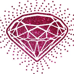 May include: A magenta glitter diamond illustration with a white outline. Small magenta dots radiate outwards from the diamond, creating a sparkling effect. The design is set against a plain white background.