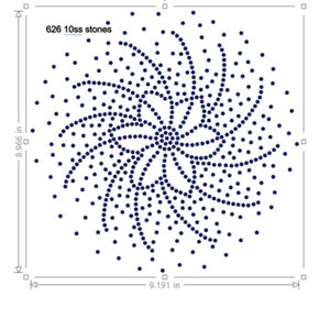 May include: A circular design composed of 626 dark blue 10ss stones, arranged in a spiral pattern. The design measures 9.191 inches wide and 8.966 inches high. Text at the top reads "626 10ss stones".