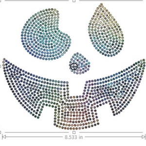May include: A colorful diamond-shaped design of a jack-o'-lantern face with a wide grin, made of small, round, iridescent rhinestones. The design is approximately 7.5 inches tall and 8.5 inches wide.