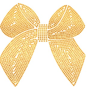 May include: A gold glitter bow with a sparkly finish. The bow is made of small, round sequins that are arranged in a pattern to create the shape of a bow.