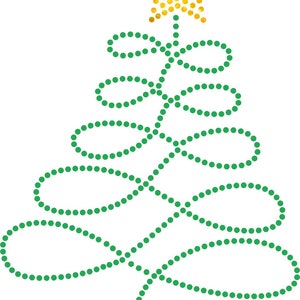 Könnte beinhalten: Ein grüner Weihnachtsbaum aus Punkten mit einem goldenen Stern oben.
