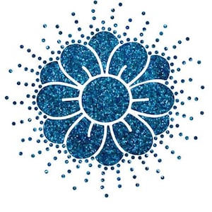 May include: A blue glitter flower with a white outline. The flower has five petals and a center circle. The flower is surrounded by a ring of small blue dots.