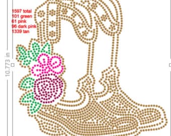 May include: A brown boot with a green and pink flower design. The boot is made of 1597 rhinestones, including 101 green, 61 pink, 96 dark pink, and 1339 tan rhinestones.