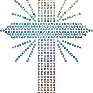 May include: A colorful cross made of small circles, with a gradient of blue, green, and brown colors.