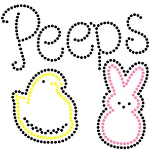 Peut inclure: Bonbons de Pâques de la marque Peeps, un poussin jaune et un lapin rose, en guimauve, entourés de points noirs.