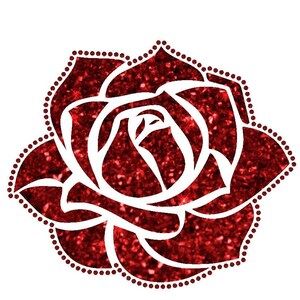 May include: A red glitter rose with a white outline. The rose is surrounded by a dotted border.