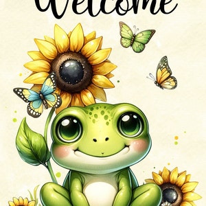 May include: A green frog with big eyes sits on a bed of green leaves and sunflowers. The frog is smiling and has a happy expression. The text "Welcome" is written in black cursive at the top of the image.