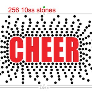 May include: A black and white image of the word "CHEER" in red letters, surrounded by a circle of 256 black dots. The image is 15.57 cm wide and 9.49 cm tall.