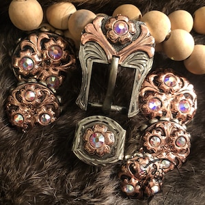 Handmade Copper with Nickel and AB Crystals Collection Chicago Back Concho and Buckle/Keeper-each piece sold separately