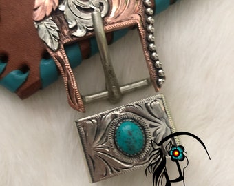 Handmade 1" Turquoise Feather Swirl Buckle & Keeper-sold together