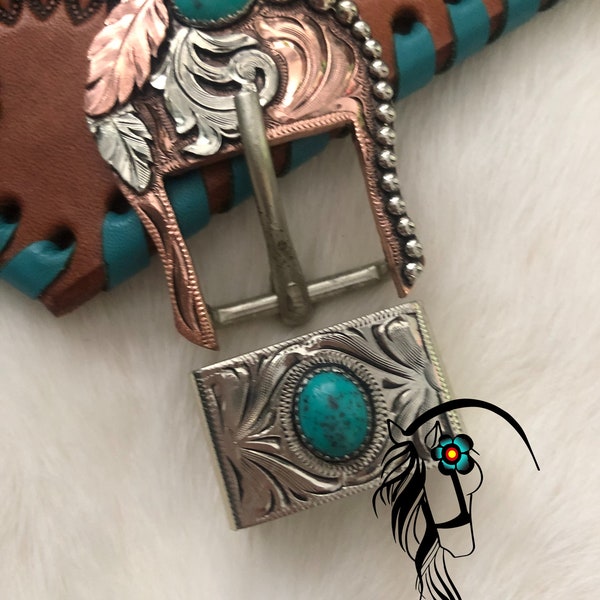 Handmade 1" Turquoise Feather Swirl Buckle & Keeper-sold together