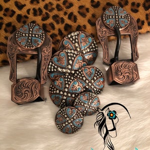 Handmade Turquoise Heart Collection Chicago Back Conchos and Matching 3/4&quot; Buckle/Keeper-each sold separately
