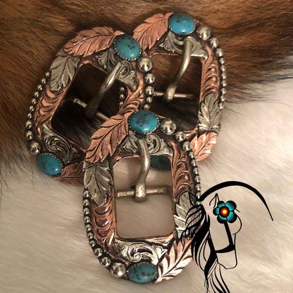 Handmade Turquoise Feather Swirl Collection Cart Buckle 3/4"-each buckle sold separately