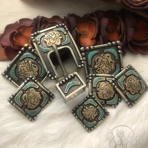 Handmade Square Rose Collection-Chicago Back Concho, Matching Buckle/Keeper Set-each sold separately
