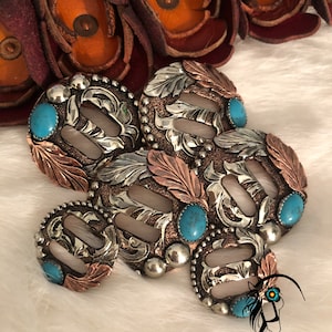 Handmade Slotted Turquoise Feather Swirl Slotted Conchos-3 sizes available-each sold separately