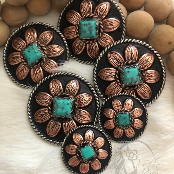 Handmade Copper Daisy Turquoise Center Chicago Back Concho-1", 1.25" or 1.5"-each sold seperately