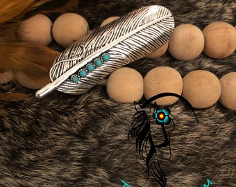 Nickel Finish Feather with Turquoise Spots Wild Rag Slide or Ring