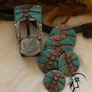 Handmade Turquoise Dragonfly Collection-Chicago Back Conchos-3/4&quot; Buckle/Keeper-each sold separately-shown as collection