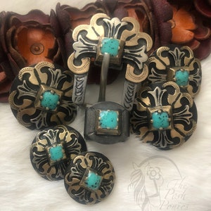 Handmade Brass/Silver Cross Collection Concho and Matching Buckle/keeper in 3 sizes-pieces are sold individually-resin stone.