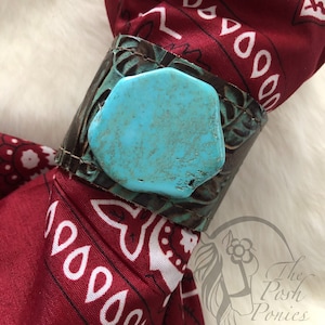 Cuff Soft leather turquoise/brown pattern with simulated turquoise slab center stone with leather string fastener