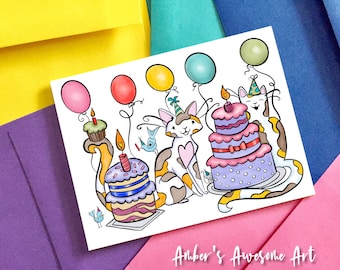 Cats and balloons Birthday card, happy birthday card, cat birthday card, cartoon cats, happiest birthday to you, kids birthday card