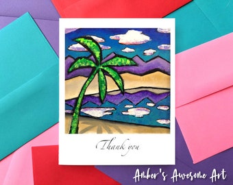 Palm tree card, tree thank you card, tree greeting card, thank you cards, watercolor thank you, colorful thank you card