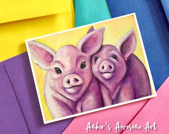 Purple Pigs card, any occasion card, pig birthday card, pig thank you card, farmhouse birthday, kids birthday card, cute birthday card