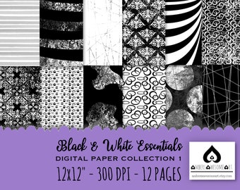 Könnte beinhalten: Eine digitale Papiersammlung mit zwölf schwarz-weißen Mustern, darunter Streifen, Damast, Kreise und abgenutzte Texturen. Der Text lautet Black & White Essentials DIGITAL PAPER COLLECTION 1 30,48x30,48 cm - 300 DPI - 12 SEITEN und AMBERS AWESOME ART.