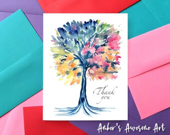 Watercolor tree card, tree thank you card, tree greeting card, thank you cards, watercolor thank you, colorful thank you card