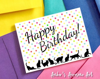 Cats and polka dots birthday card, happy birthday card, cat birthday card,  birthday cats, girly birthday card, kids birthday card