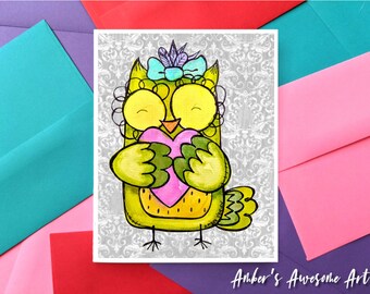 Green Owl card, any occasion card, owl birthday card, owl thank you card, woodland birthday, kids birthday card, cute birthday card