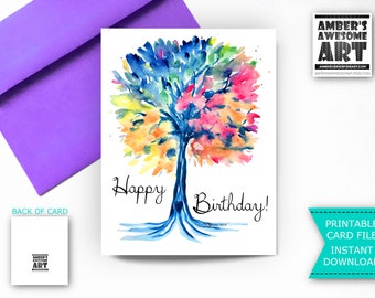 Baum-Geburtstags-Karte, druckbare Geburtstagskarte, Aquarell Geburtstagskarte, Aquarell-Baum-Karte, Aquarell Kunst, Baum Malerei, Aquarell Baum