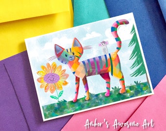 Rainbow cat card, cat birthday card, cat thank you card, cat greeting card, colorful cats, kids birthday card, cute birthday