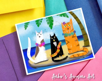 Aloha Cats card, Hawaiian cats, cat birthday card, cat thank you card, cat greeting card, colorful cats, kids birthday card, cute birthday
