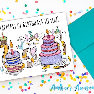 Calico Cats Birthday card, happy birthday card, cat birthday card, cartoon cats, happiest birthday to you, kids birthday card